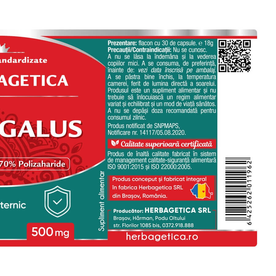 Astragalus, 500 mg, 30 capsule, Herbagetica Astragalus, 500 mg, 30 capsule, Herbagetica