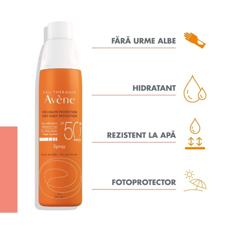 Spray fotoprotectie fara urme albe SPF 50+, 200ml, Avene Spray fotoprotectie fara urme albe SPF 50+, 200ml, Avene