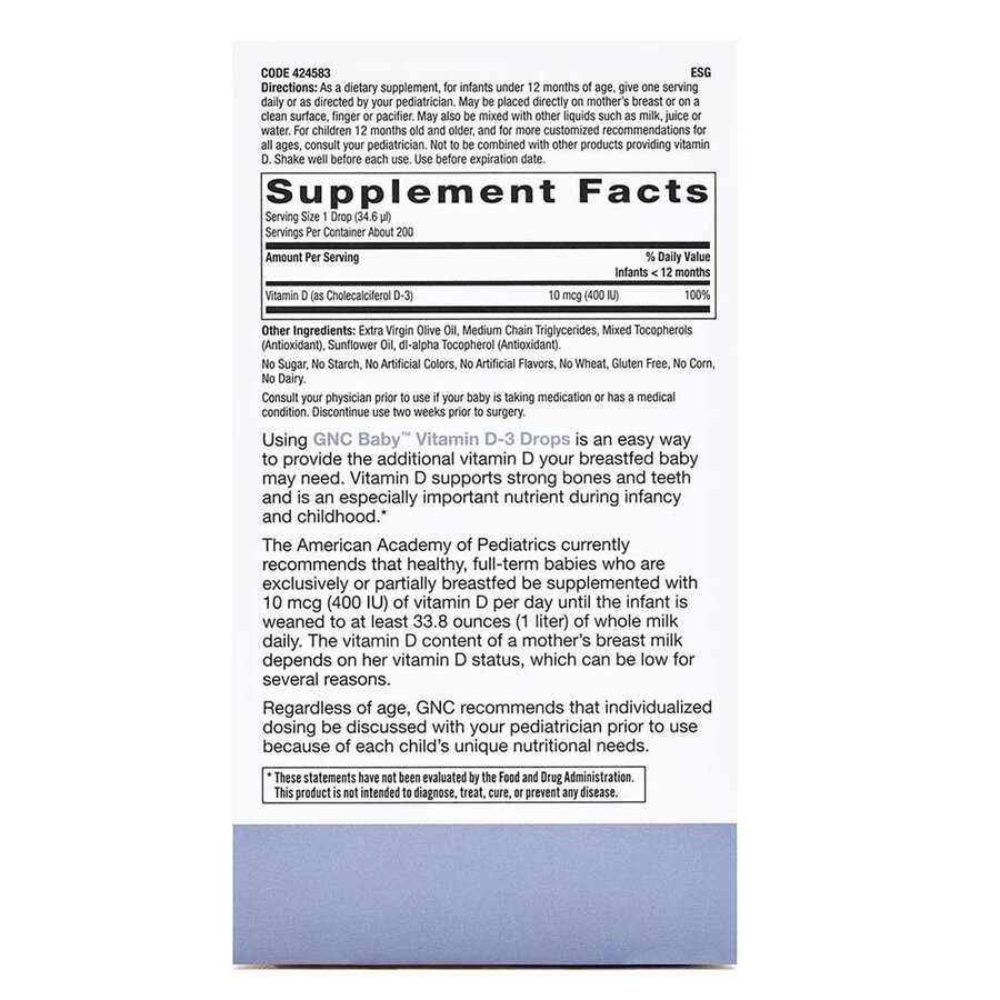 Picaturi cu Vitamina D3 Baby Milestones, 7.5 ml, GNC Picaturi cu Vitamina D3 Baby Milestones, 7.5 ml, GNC