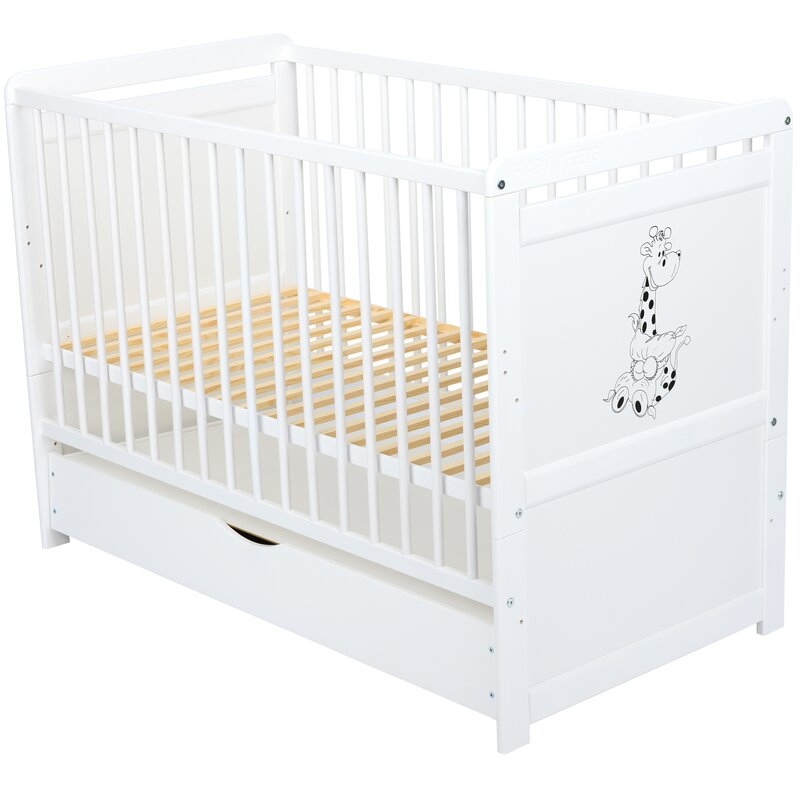 Babyneeds - Patut din lemn Nadia II Girafa 120x60 cm, multifunctional, cu sertar, Alb + Saltea 8 cm