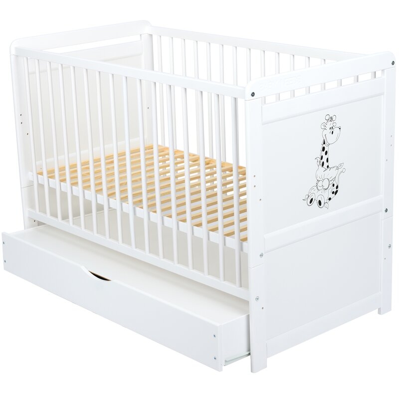 Babyneeds - Patut din lemn Nadia II Girafa 120x60 cm, multifunctional, cu sertar, Alb + Saltea 8 cm