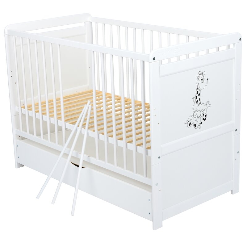 Babyneeds - Patut din lemn Nadia II Girafa 120x60 cm, multifunctional, cu sertar, Alb + Saltea 8 cm