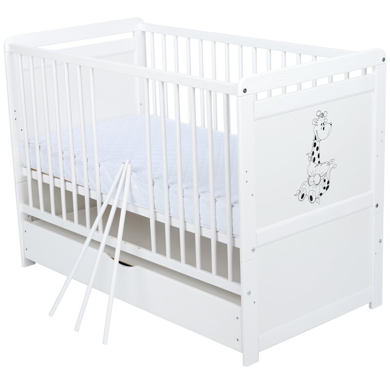 Babyneeds - Patut din lemn Nadia II Girafa 120x60 cm, multifunctional, cu sertar, Alb + Saltea 8 cm