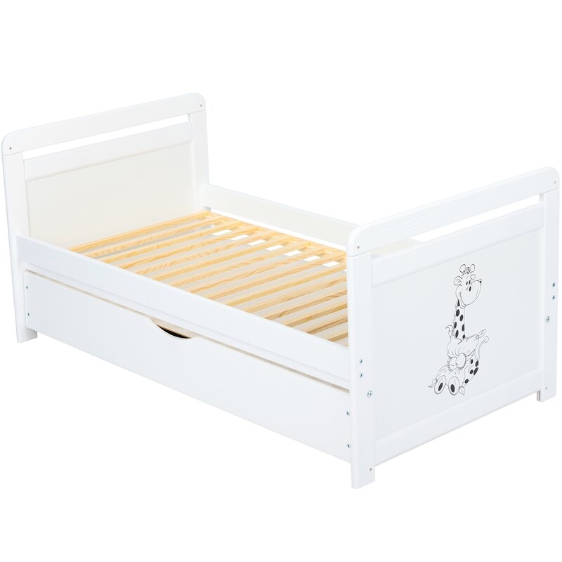 Babyneeds - Patut din lemn Nadia II Girafa 120x60 cm, multifunctional, cu sertar, Alb + Saltea 8 cm