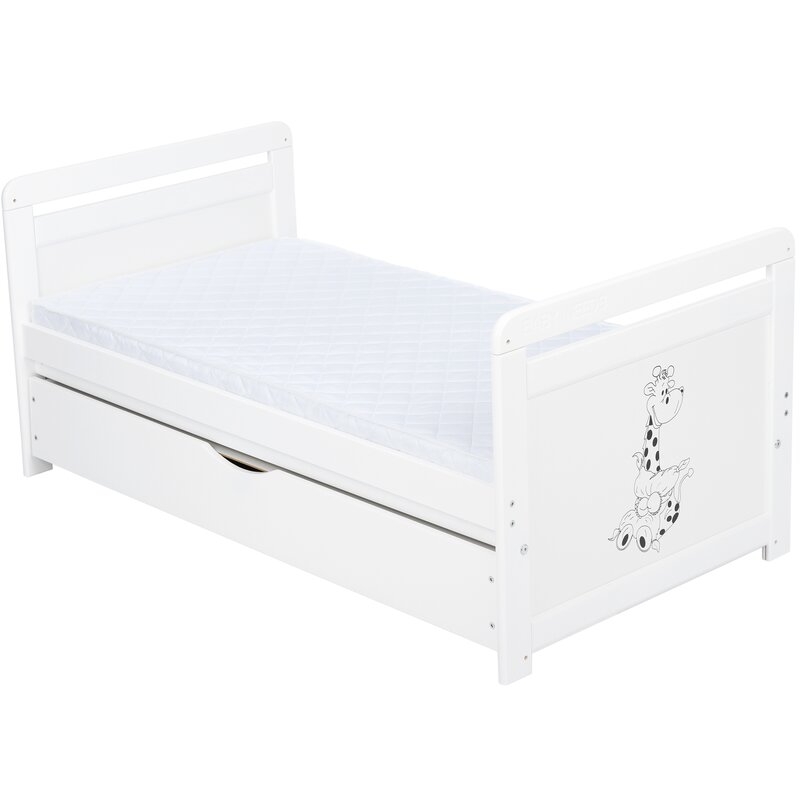 Babyneeds - Patut din lemn Nadia II Girafa 120x60 cm, multifunctional, cu sertar, Alb + Saltea 8 cm