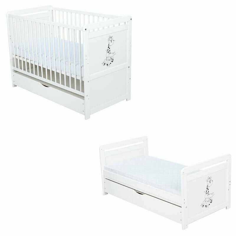 Babyneeds - Patut din lemn Nadia II Girafa 120x60 cm, multifunctional, cu sertar, Alb + Saltea 8 cm