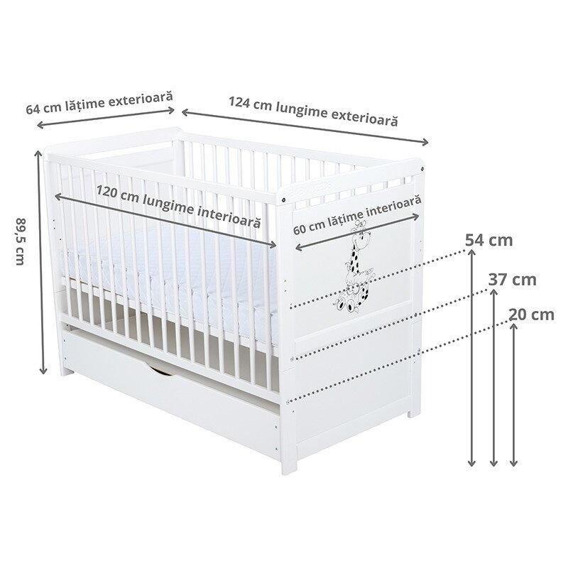 Babyneeds - Patut din lemn Nadia II Girafa 120x60 cm, multifunctional, cu sertar, Alb + Saltea 8 cm