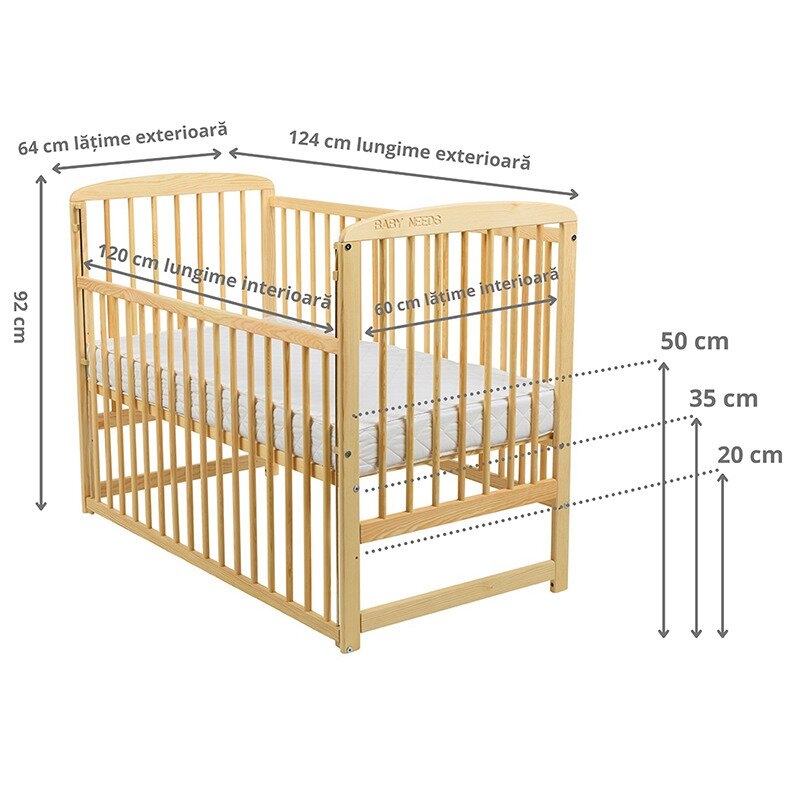 BabyNeeds - Patut din lemn Ola 120x60 cm cu laterala culisanta Natur + Saltea 12 cm