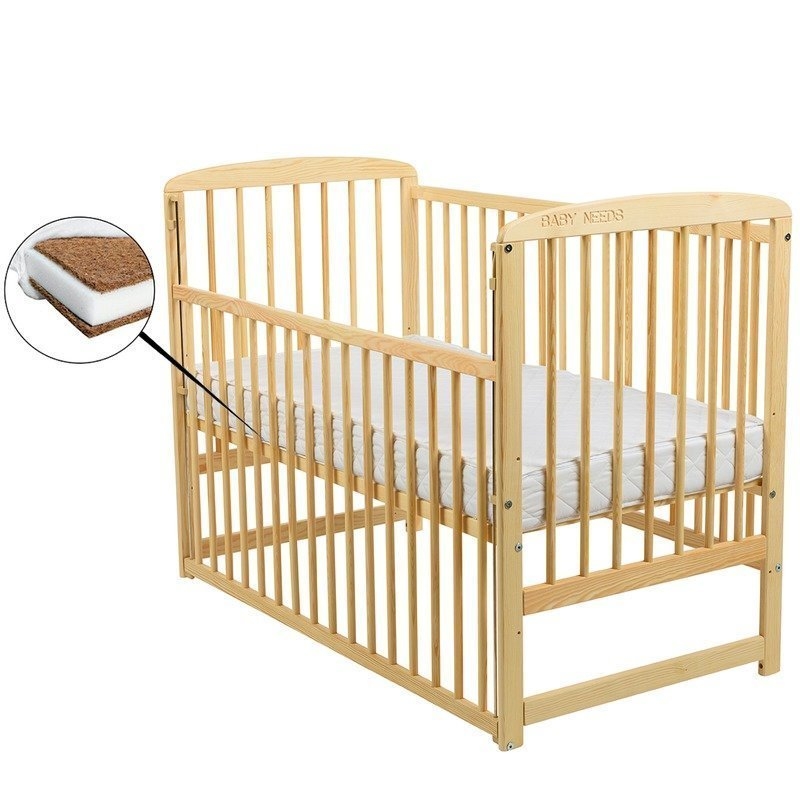 BabyNeeds - Patut din lemn Ola 120x60 cm cu laterala culisanta Natur + Saltea 12 cm