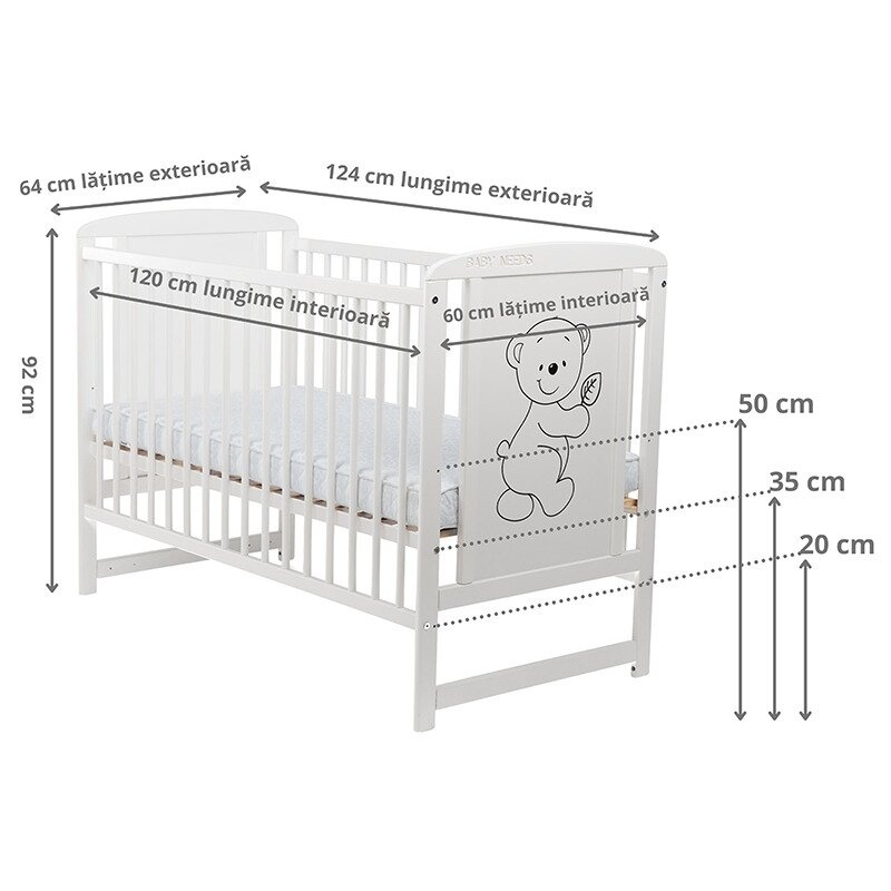 BabyNeeds - Patut din lemn Timmi 120x60 cm Alb + Saltea 10 cm