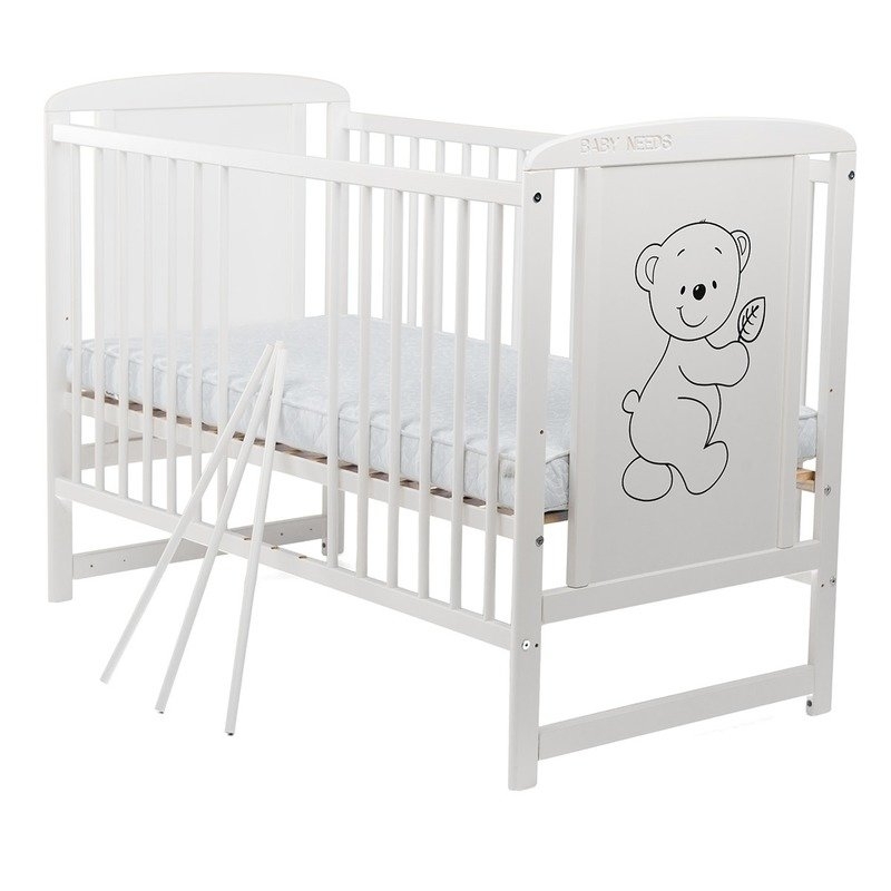 BabyNeeds - Patut din lemn Timmi 120x60 cm Alb + Saltea 10 cm