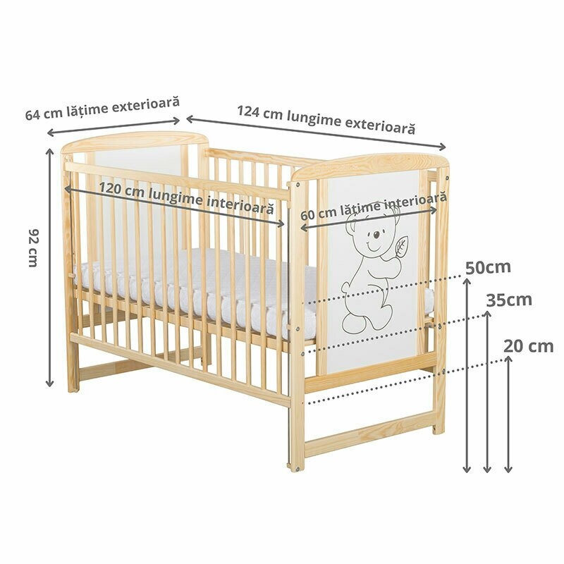 BabyNeeds - Patut din lemn Timmi 120x60 cm cu laterala culisanta Natur + Saltea 8 cm BabyNeeds - Patut din lemn Timmi 120x60 cm cu laterala culisanta Natur + Saltea 8 cm