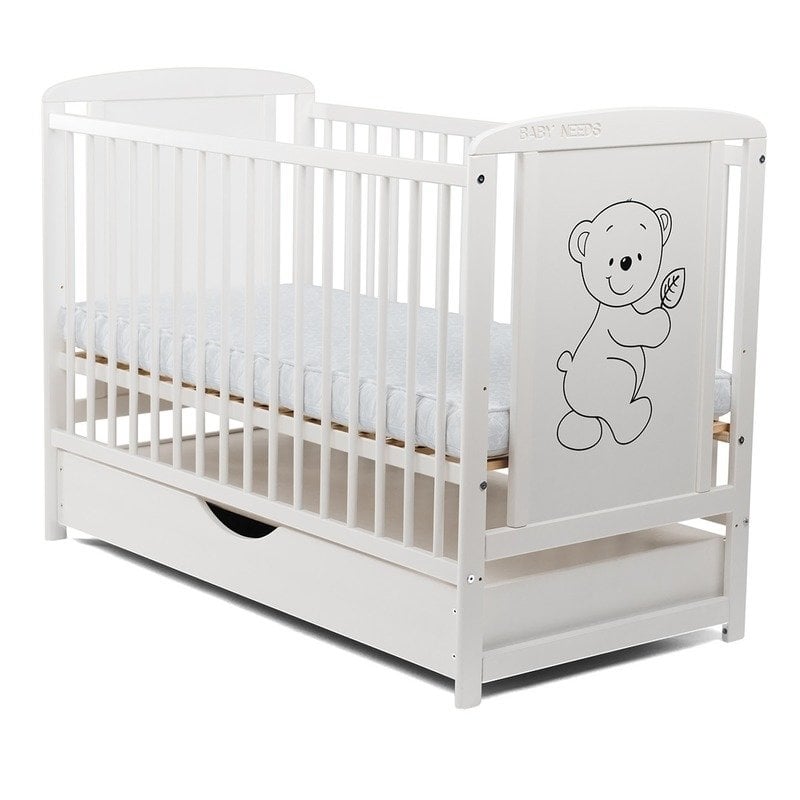 BabyNeeds - Patut din lemn Timmi 120x60 cm cu sertar Alb BabyNeeds - Patut din lemn Timmi 120x60 cm cu sertar Alb