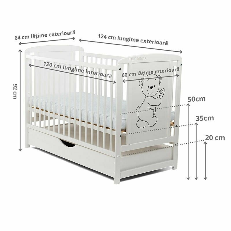 BabyNeeds - Patut din lemn Timmi 120x60 cm cu sertar Alb + Saltea 12 cm BabyNeeds - Patut din lemn Timmi 120x60 cm cu sertar Alb + Saltea 12 cm