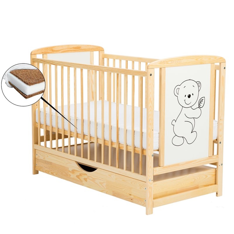 BabyNeeds - Patut din lemn Timmi 120x60 cm cu sertar Natur + Saltea 10 cm BabyNeeds - Patut din lemn Timmi 120x60 cm cu sertar Natur + Saltea 10 cm