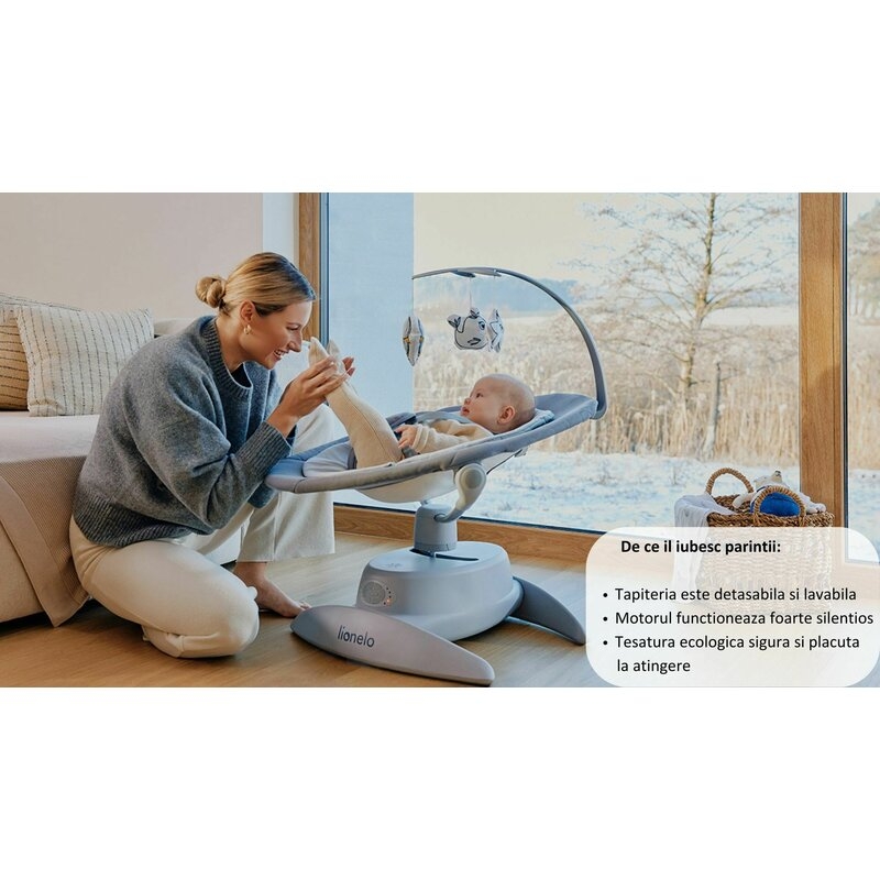 Balansoar, Lionelo, Mell, 2 in 1, Rotire 360 grade, Electric, Cu 3 moduri de leganare, Cu 5 trepte de viteza, Cu 3 pozitii de inclinare, Cu timer, 12 melodii si 2 sunete ale naturii, Pana la 9 kg, Gri Balansoar, Lionelo, Mell, 2 in 1, Rotire 360 grade, Electric, Cu 3 moduri de leganare, Cu 5 trepte de viteza, Cu 3 pozitii de inclinare, Cu timer, 12 melodii si 2 sunete ale naturii, Pana la 9 kg, Gri