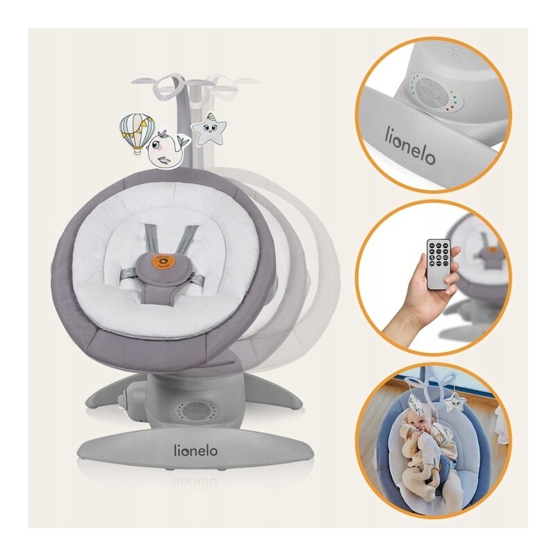 Balansoar, Lionelo, Mell, 2 in 1, Rotire 360 grade, Electric, Cu 3 moduri de leganare, Cu 5 trepte de viteza, Cu 3 pozitii de inclinare, Cu timer, 12 melodii si 2 sunete ale naturii, Pana la 9 kg, Gri Balansoar, Lionelo, Mell, 2 in 1, Rotire 360 grade, Electric, Cu 3 moduri de leganare, Cu 5 trepte de viteza, Cu 3 pozitii de inclinare, Cu timer, 12 melodii si 2 sunete ale naturii, Pana la 9 kg, Gri