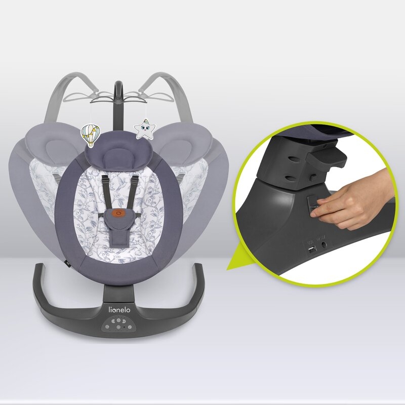 Balansoar si sezlong, Lionelo, Ralf, 2 in 1, Electric, Cu telecomanda si cablu USB, Cu miscare laterala de balansare si 5 niveluri diferite de viteza, Cu 12 melodii, Gri/Alb Balansoar si sezlong, Lionelo, Ralf, 2 in 1, Electric, Cu telecomanda si cablu USB, Cu miscare laterala de balansare si 5 niveluri diferite de viteza, Cu 12 melodii, Gri/Alb