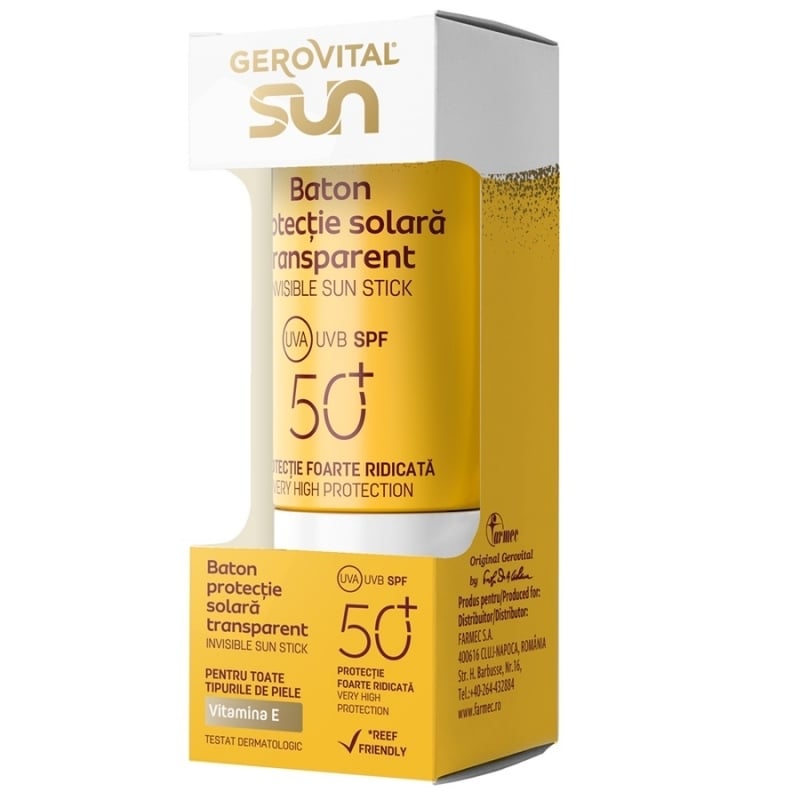 Baton transparent cu protectie solara SPF 50+ Sun, 12 ml, Gerovital Baton transparent cu protectie solara SPF 50+ Sun, 12 ml, Gerovital