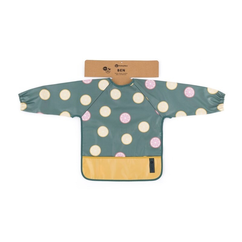 Baveta impermeabila, Petite&Mars, Cu maneci lungi, Usor de curatat, inchidere prin velcro, Dimensiune 38x42 cm, 24 luni+, Beige Citrus Baveta impermeabila, Petite&Mars, Cu maneci lungi, Usor de curatat, inchidere prin velcro, Dimensiune 38x42 cm, 24 luni+, Beige Citrus