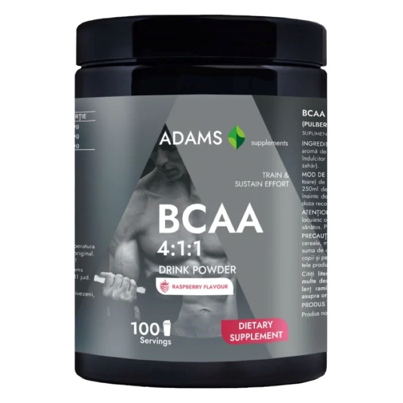 BCAA 4:1:1 cu aroma de zmeura, 400 g, Adams Supplements BCAA 4:1:1 cu aroma de zmeura, 400 g, Adams Supplements