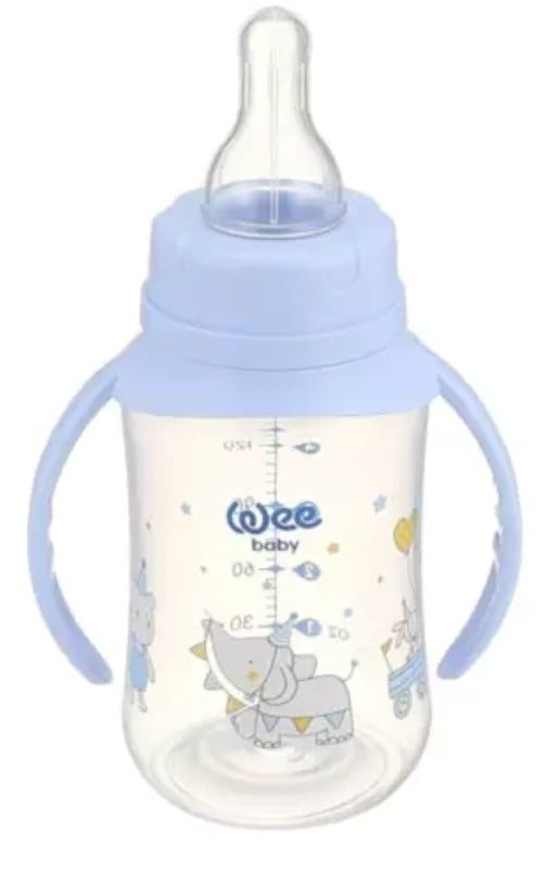 Biberon cu manere + tetina din silicon rotunda, 150 ml, Wee Baby