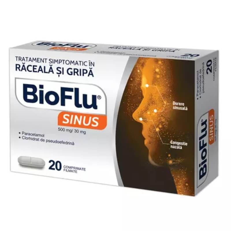 Bioflu Sinus 500 mg/30 mg, 20 comprimate filmate, Biofarm Bioflu Sinus 500 mg/30 mg, 20 comprimate filmate, Biofarm
