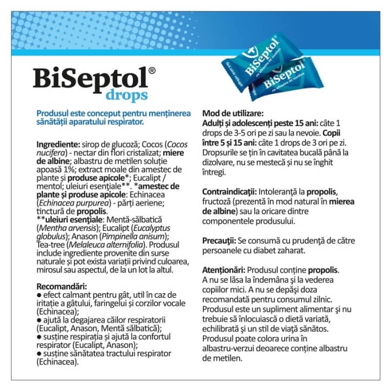 Biseptol dropsuri cu albastru de metilen si echinacea, 20 bucati, Dacia Plant Biseptol dropsuri cu albastru de metilen si echinacea, 20 bucati, Dacia Plant