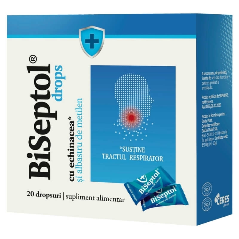 Biseptol dropsuri cu albastru de metilen si echinacea, 20 bucati, Dacia Plant Biseptol dropsuri cu albastru de metilen si echinacea, 20 bucati, Dacia Plant