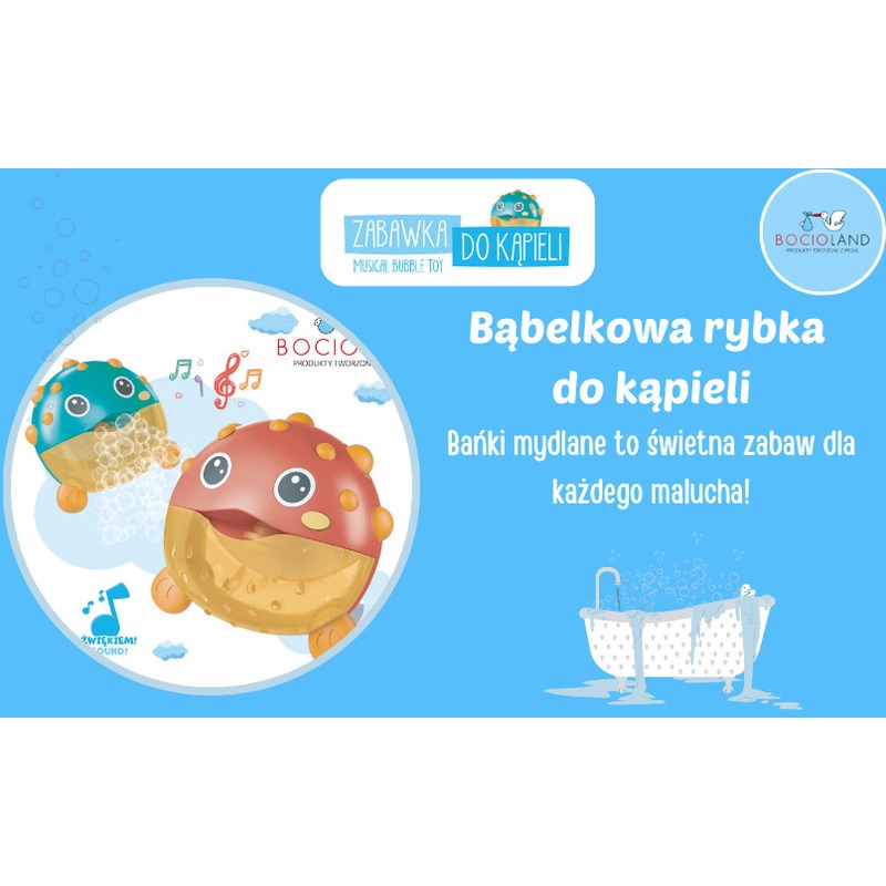 Bocioland - Jucarie Interactiva de baie, Peste cu difuzor pentru baloane de spuma si muzica, Fixare cu Ventuze, Rosu, 20x20 cm