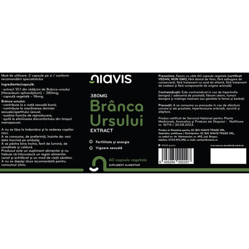 Branca Ursului extract, 380 mg, 60 capsule, Niavis Branca Ursului extract, 380 mg, 60 capsule, Niavis