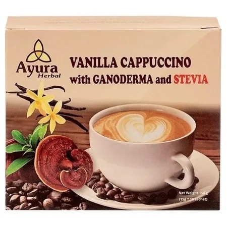 Cafea cu ganoderma, vanilie si stevie Vanilla Capuccino, 10 plicuri, Ayura Herbal Cafea cu ganoderma, vanilie si stevie Vanilla Capuccino, 10 plicuri, Ayura Herbal