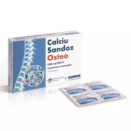 Calciu Sandoz Osteo, 1000 mg/880 UI, 30 comprimate masticabile, Sandoz Calciu Sandoz Osteo, 1000 mg/880 UI, 30 comprimate masticabile, Sandoz