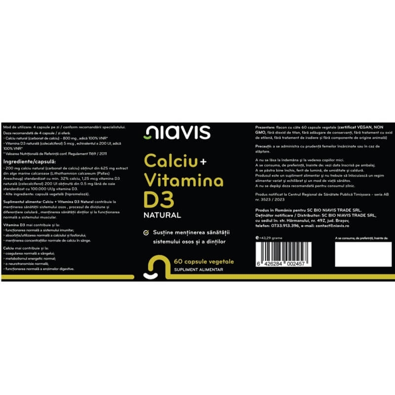 Calciu + Vitamina D3 Natural, 60 capsule, Niavis Calciu + Vitamina D3 Natural, 60 capsule, Niavis