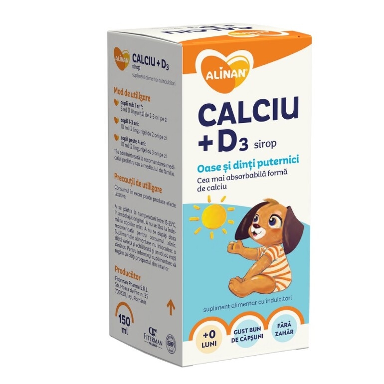 Calciu + Vitamina D3 sirop Alinan, 150 ml, Fiterman Pharma Calciu + Vitamina D3 sirop Alinan, 150 ml, Fiterman Pharma