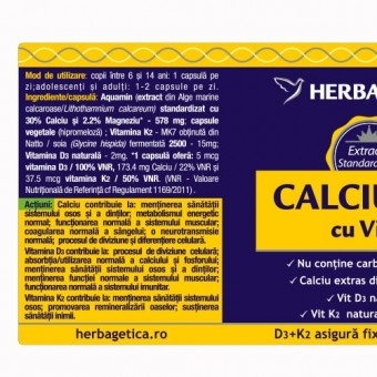 Herbagetica - Calciu+D3 cu Vitamina K2 30caps