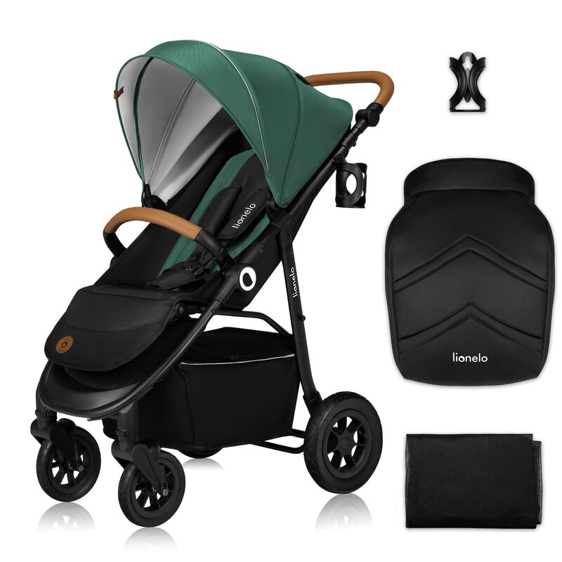 Carucior sport, Lionelo, Natt, De la nastere, Cu accesorii si capotina XXL reglabila, 0 - 22 kg, Conform cu standardele europene de securitate EN1888-1, EN1888-2, Verde