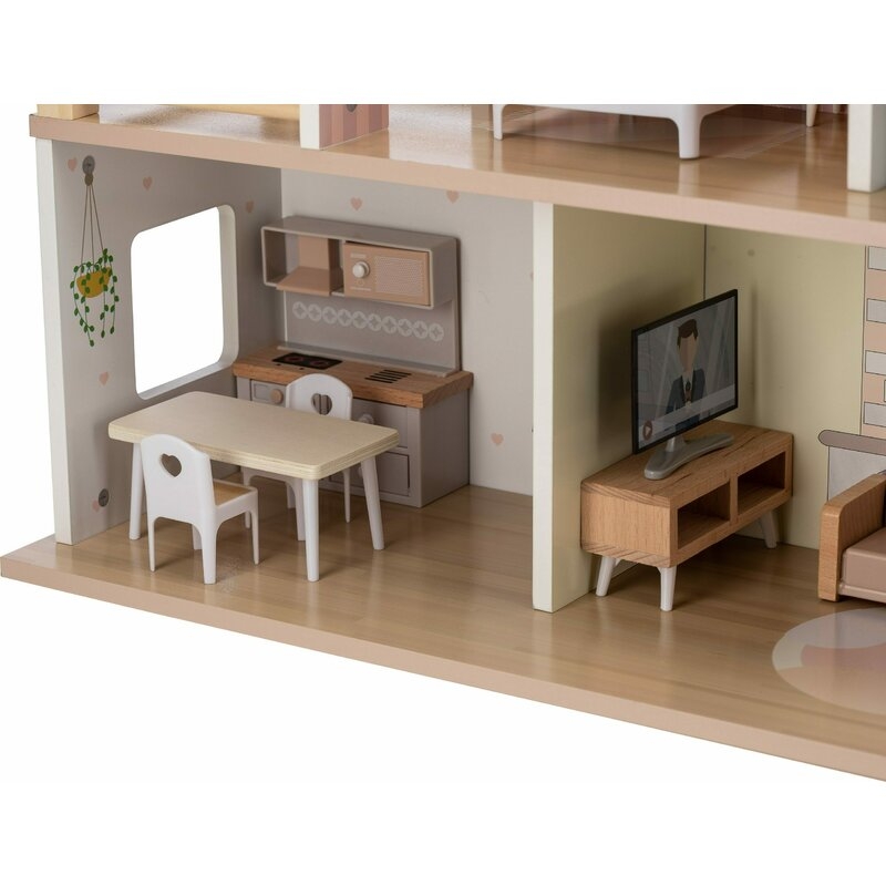 Casuta de papusi, Free2Play, Din lemn, Cu 13 piese de mobilier, Cu acces facil, 52 x 19,5 x 40 cm, 36 luni+, Multicolor