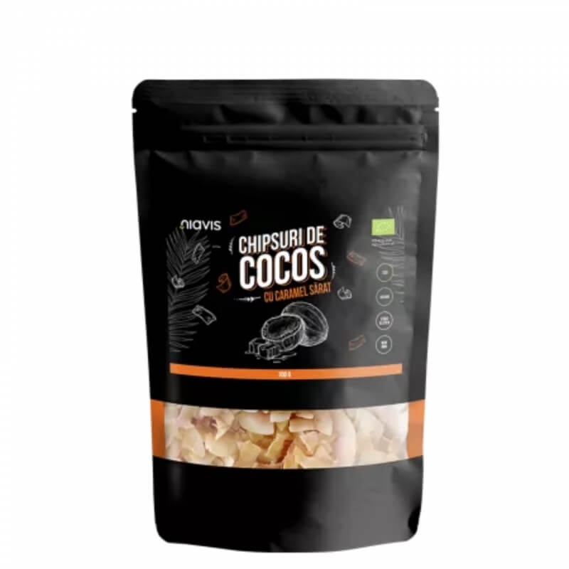Chipsuri de cocos cu caramel sarat ecologice, 100g, Niavis Chipsuri de cocos cu caramel sarat ecologice, 100g, Niavis