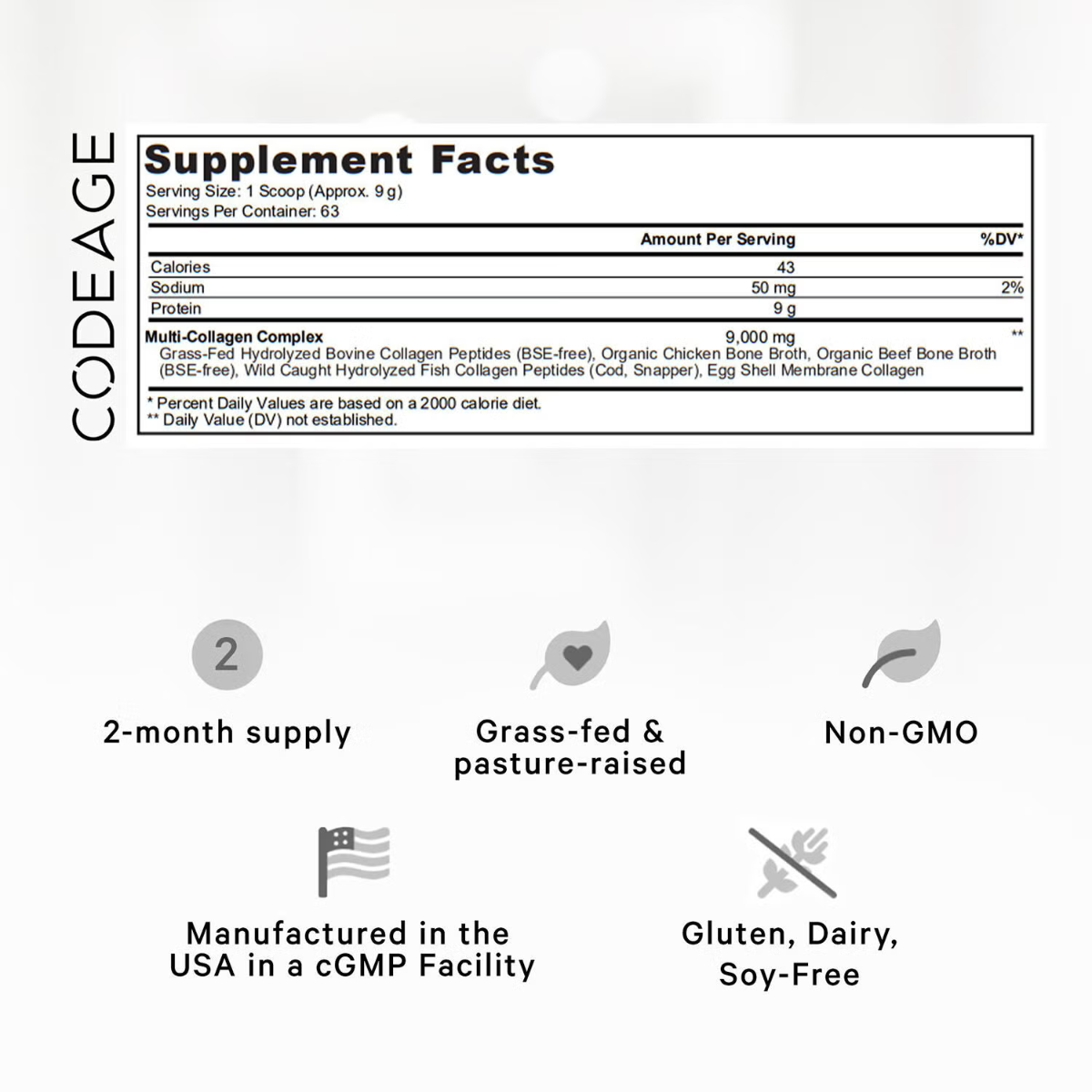 Colagen hidrolizat din 5 surse sub forma de peptide, fara aroma, 567 g, Code Age