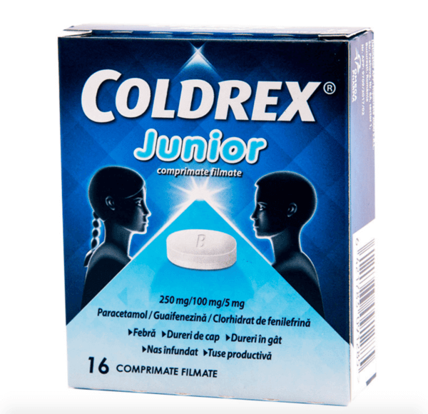 Coldrex Junior, 250 mg/100 mg/5 mg, 16 comprimate filmate, Perrigo Coldrex Junior, 250 mg/100 mg/5 mg, 16 comprimate filmate, Perrigo