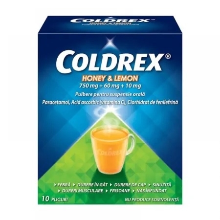 Coldrex Honey & Lemon, 750 mg/60 mg/10 mg pulbere pentru suspensie orala, 10 plicuri, Perrigo Coldrex Honey & Lemon, 750 mg/60 mg/10 mg pulbere pentru suspensie orala, 10 plicuri, Perrigo