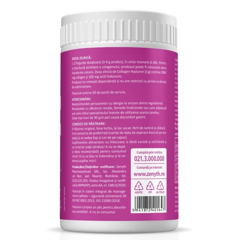 Collagen + Hyaluron pulbere cu aroma de capsuni, 150 g, Zenyth Collagen + Hyaluron pulbere cu aroma de capsuni, 150 g, Zenyth
