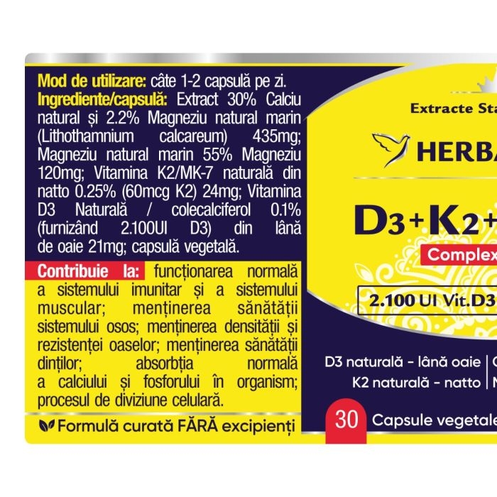 Complex natural D3+K2+Ca+Mg, 30 capsule, Herbagetica Complex natural D3+K2+Ca+Mg, 30 capsule, Herbagetica