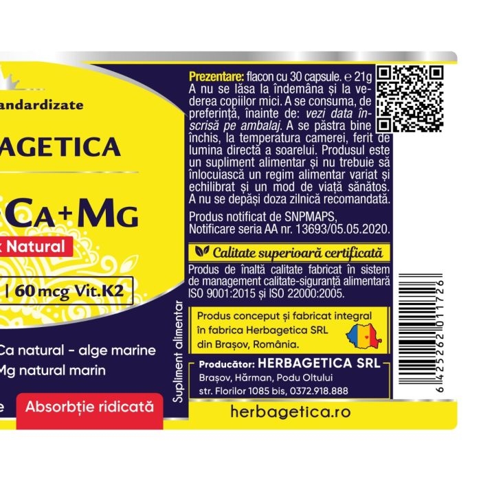 Complex natural D3+K2+Ca+Mg, 30 capsule, Herbagetica Complex natural D3+K2+Ca+Mg, 30 capsule, Herbagetica