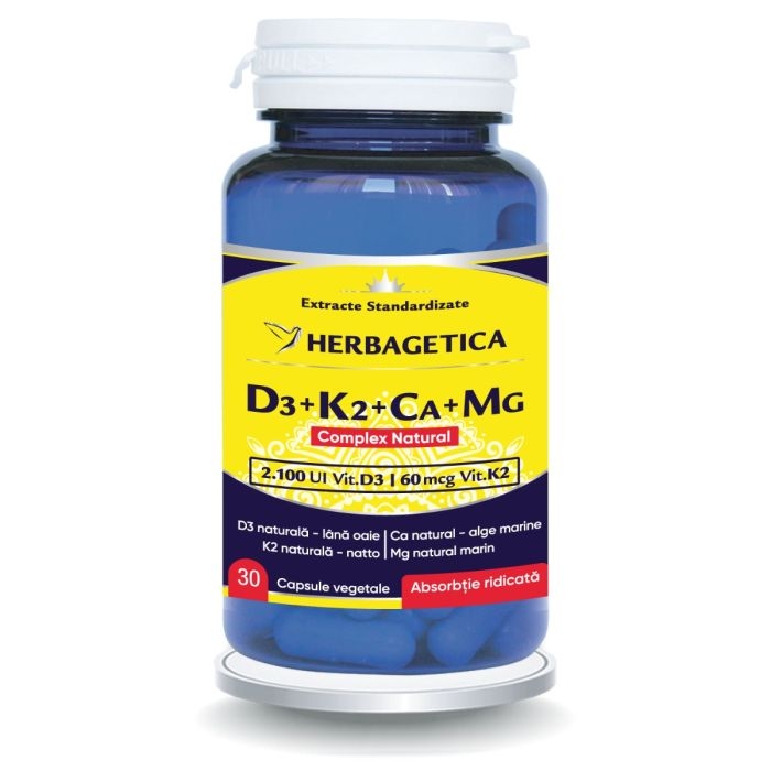 Complex natural D3+K2+Ca+Mg, 30 capsule, Herbagetica Complex natural D3+K2+Ca+Mg, 30 capsule, Herbagetica