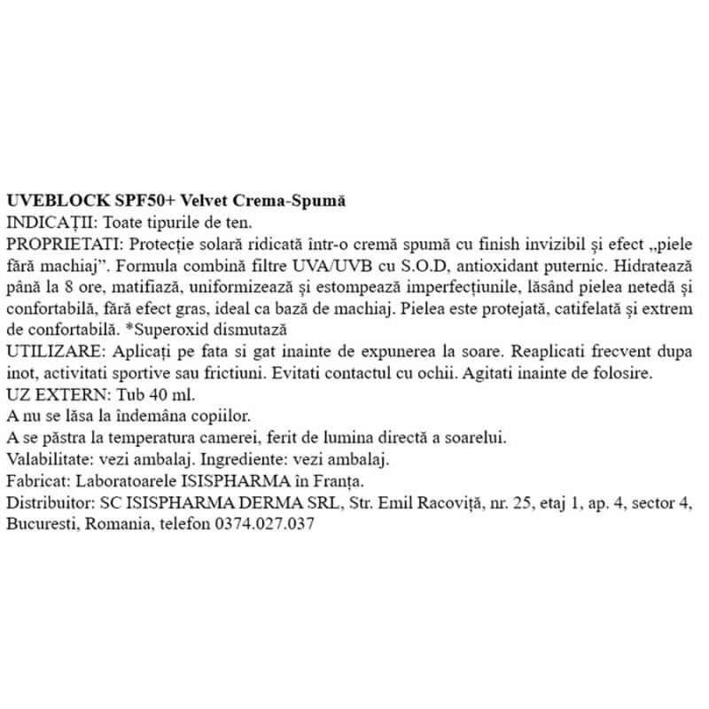 Crema spuma SPF 50+ Uveblock Velvet, 40 ml, Isispharma Crema spuma SPF 50+ Uveblock Velvet, 40 ml, Isispharma