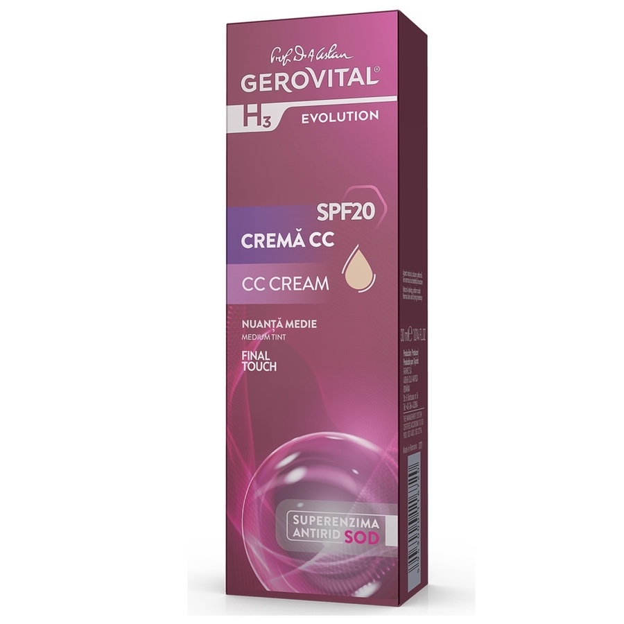 Crema de fata nuantatoare CC SPF 20 Medium Tint H3 Evolution, 30 ml, Gerovital