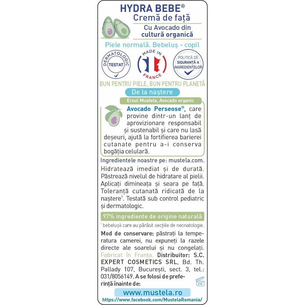 Crema hidratanta de fata pentru piele normala Hydra Bebe, 40 ml, Mustela Crema hidratanta de fata pentru piele normala Hydra Bebe, 40 ml, Mustela