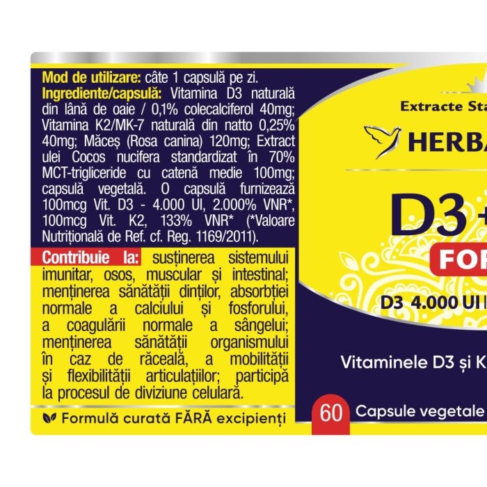 D3+K2 Forte, 60 capsule, Herbagetica D3+K2 Forte, 60 capsule, Herbagetica